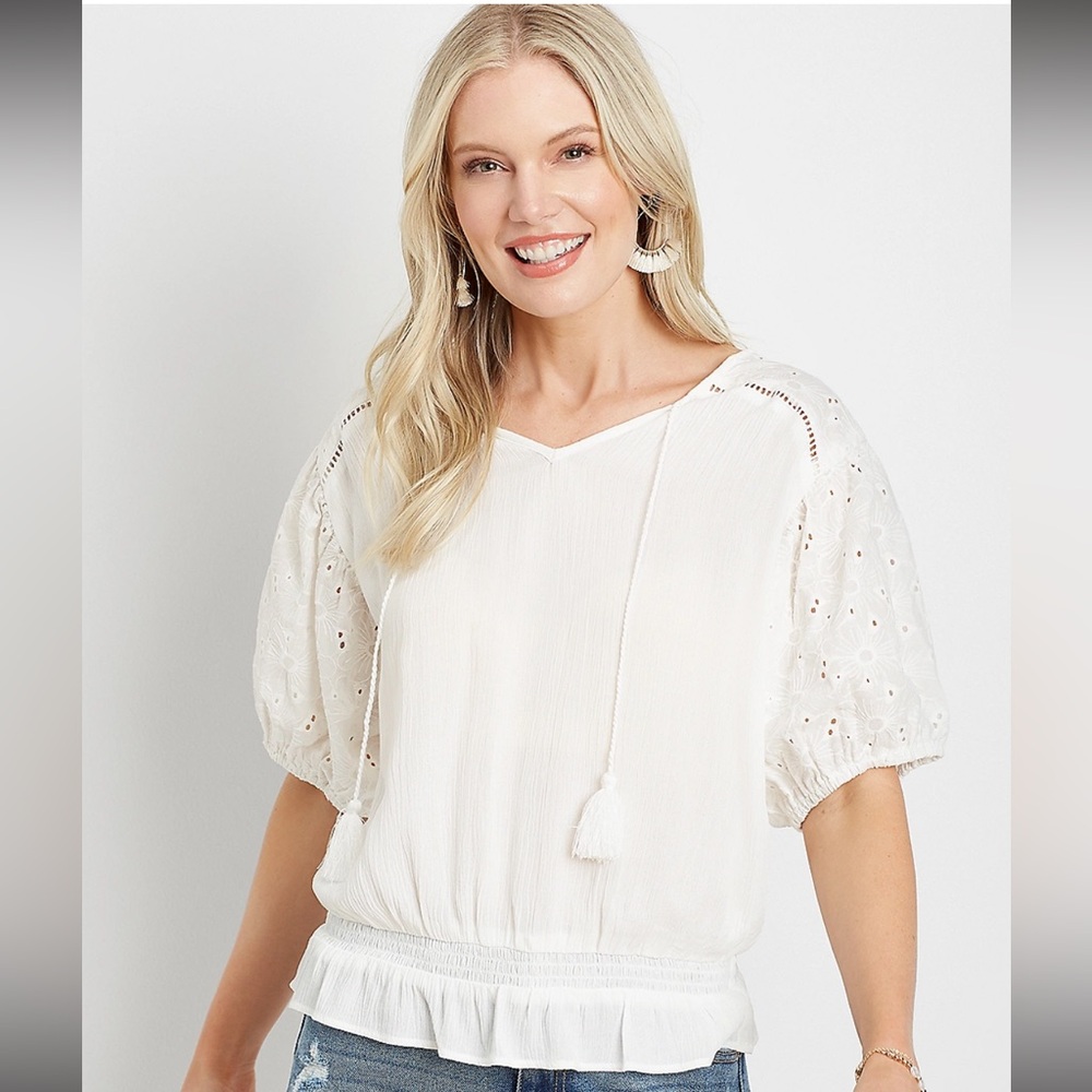Maurices White Eyelet Lace Puff Sleeve Blouse with Tassel-Tie Front